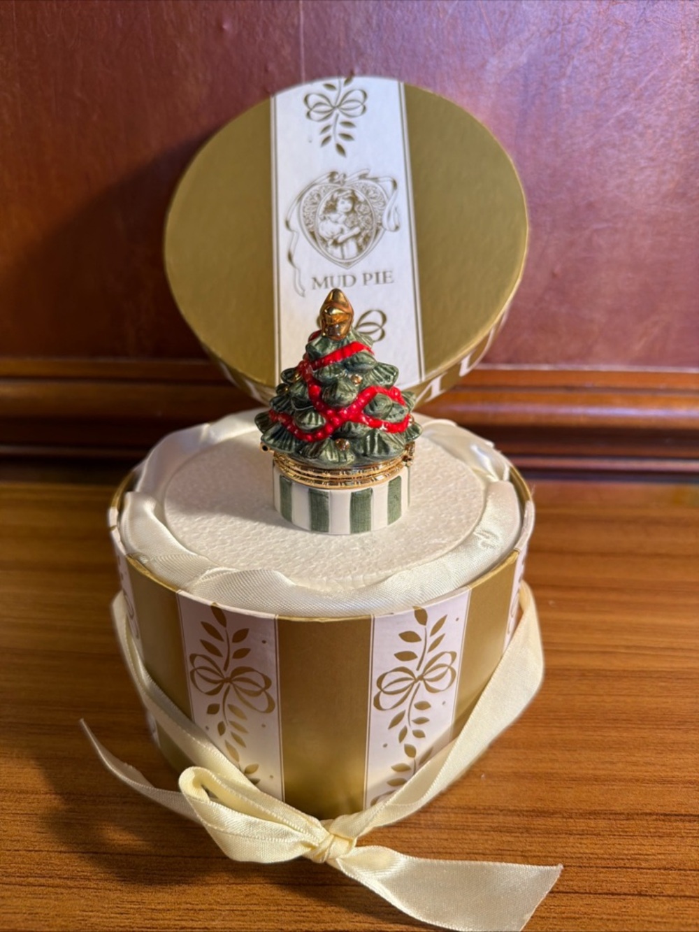 Mud Pie 1999 Christmas Tree Trinket Box Vintage Porcelain Hinged NIB 3" Holiday